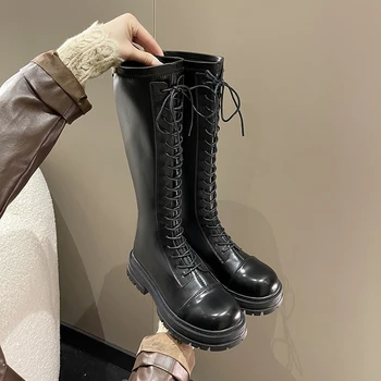 2022 Женские длинные сапоги на платформе из искусственной кожи, женская обувь на плоской подошве со шнуровкой, модные зимние сапоги до колена на высоком каблуке