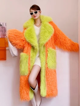 2023 Новая модная оранжевая шуба из искусственного меха, экологичная Свободная длинная куртка с капюшоном, зимняя женская одежда, Бесплатная доставка