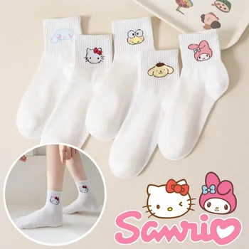 5 Пар женских белых носков Sanrio Hello Kitty, элегантные хлопковые повседневные чулки в японском стиле для девочек, дышащие