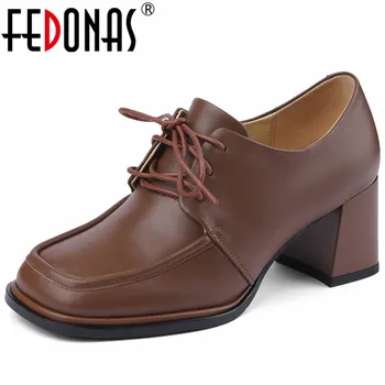 FEDONAS/ Женские туфли-лодочки для зрелых женщин на толстом высоком каблуке с квадратным носком, из натуральной кожи, на шнуровке, офисная женская базовая обувь, новинка сезона Весна-лето