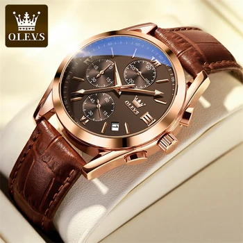 OLEVS Мужские часы, лидирующий бренд, Роскошные кварцевые часы с хронографом, мужские Спортивные Кожаные Водонепроницаемые Деловые наручные часы со светящейся датой, Мужские