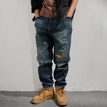Американские винтажные джинсы Мужские Весенние Новые трендовые прямые брюки С нашивкой для старых мужских молодежных простых и универсальных брюк