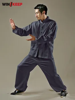 Весенне-осенний Мужской Тренировочный комплект Taichi из двух частей, хлопковый льняной комплект боевых искусств Кунг-фу, спортивный костюм Ушу с длинным рукавом, спортивная одежда для мужчин