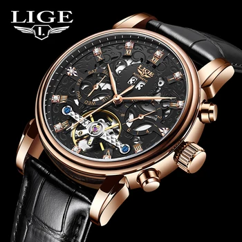Деловые часы LIGE Fashion, лучший бренд класса Люкс, Водонепроницаемые Мужские Механические часы, Кожаные часы, Спортивные наручные часы с турбийоном, мужские