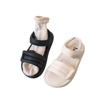 Детские сандалии на плоской платформе, модная обувь для мальчиков и девочек с круглым носком, летняя, черная, бежевая, Размер 26-37, уличная детская пляжная обувь