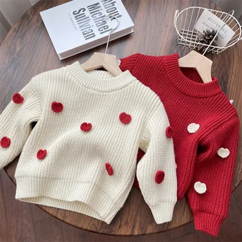 Детский объемный бархатный утолщенный красный свитер для девочки в корейском западном стиле, детский новогодний наряд для маленькой девочки, детский топ