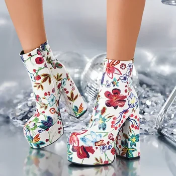 Женские ботинки на массивном высоком каблуке, осень-зима, ботильоны на платформе с цветочным рисунком, ботинки на толстой платформе с застежкой-молнией в стиле панк, Mujer44