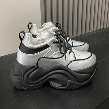 Женские осенние кроссовки на массивном каблуке 8 см, 2023, Спортивная дышащая кожаная обувь на платформе, женская обувь для пап на толстой подошве со шнуровкой