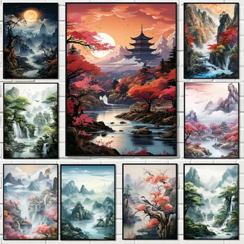 Китайский стиль Алмазной живописи Новый 2024 Горный Водопад Пейзаж Вышивка Мозаика 5d Diy Горный Хрусталь Вышивка крестом Домашний декор