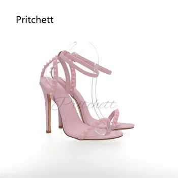 Кожаные сандалии на шпильке с заклепками, розовые женские летние туфли на тонком высоком каблуке с ремешком и пряжкой, Розовые милые лаконичные свадебные туфли Женские