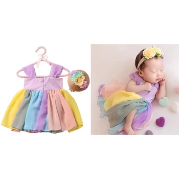 Комплект для фотосессии новорожденных, красочное платье-комбинация, цветочная повязка на голову, реквизит для фотосессии, костюм для девочки, костюм для фотосъемки младенцев, 2 шт.