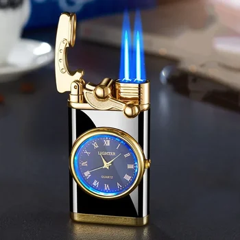 Креативные Рокер Настоящие Часы Газовая Зажигалка Blu-ray Циферблат Ветрозащитный Прямой Двойной Синий Огонь Полноценный Индивидуальный Подарок Бойфренду