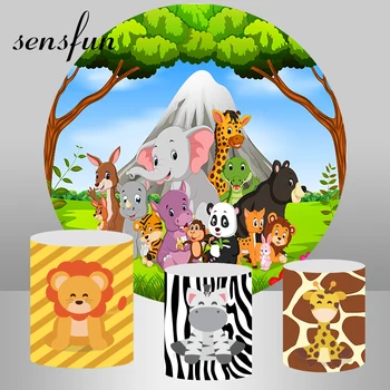 Круглые фоны для вечеринки в Сафари в джунглях Морозные Мультяшные Животные Слон Лев Зебра Олень Фоны для фотосъемки детского Дня рождения
