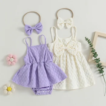 Летнее повседневное фиолетовое платье-ползунки с рисунком в шахматном порядке для маленьких девочек с повязкой на голову, комплект из 2 предметов, от 0 до 24 месяцев