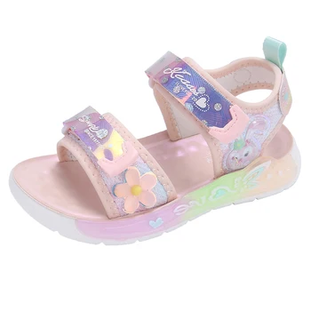 Летние розовые сандалии для девочек; Модная обувь принцессы для маленьких девочек; нескользящие пляжные сандалии с открытым носком;