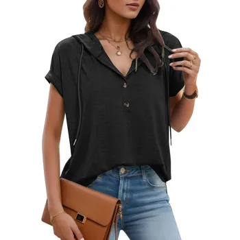 Летняя женская футболка, повседневная однотонная толстовка с коротким рукавом и капюшоном, топы со шнурком и планкой на пуговицах, уличная одежда
