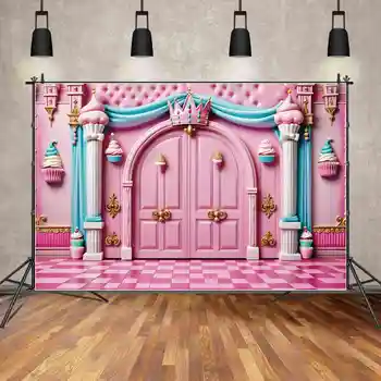 ЛУНА.QG фон Розовый 4-й день рождения принцессы Фон для фотостудии Корона замок Стена арка дверь Бант домашний фотографический реквизит