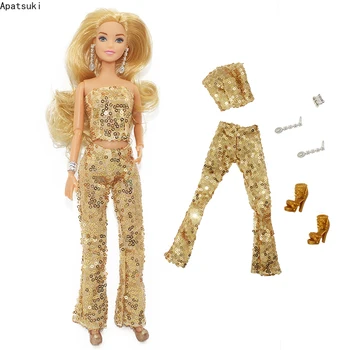 Модный комплект одежды Movie Golden для куклы Барби, топ, брюки, Обувь, браслет, серьги, наряды 1/6, Аксессуары для кукол, Игрушки