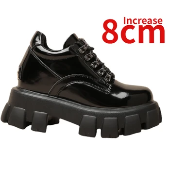 Невидимая женская обувь с увеличенной высотой на 8 см, натуральная кожа, Толстая подошва, Черные кожаные туфли в английском стиле, женские