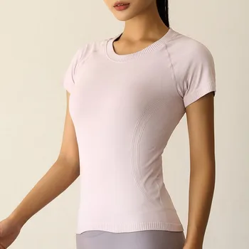 Новая спортивная футболка для бега, фитнеса, йоги Lulu, дышащий и быстросохнущий легкий повседневный топ телесного цвета с коротким рукавом для женщин