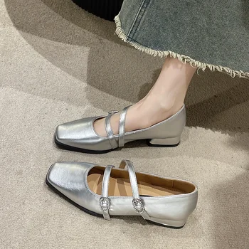 Новые женские туфли Mary Janes Французские туфли-лодочки с квадратным носком и двойной пряжкой на среднем толстом каблуке Zapatos Mujer
