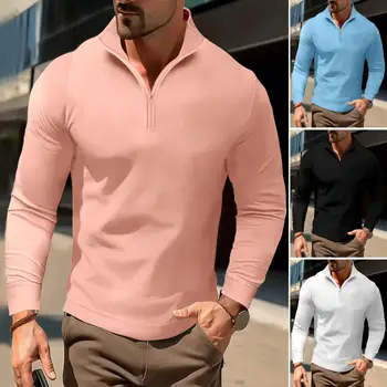 Однотонная толстовка, мужская рубашка на молнии и воротнике-стойке, мягкий приталенный пуловер на осень-весну, строгий топ в строгом стиле