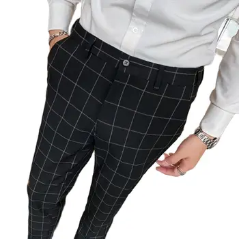Осенне-зимние Новые мужские костюмные брюки Серого, черного цвета, деловые повседневные мужские брюки в клетку