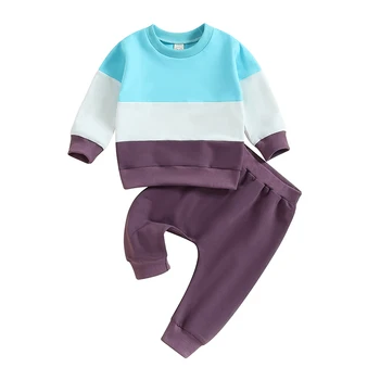 Осенние наряды для малышей из 2 предметов, свитшот контрастного цвета с длинным рукавом и брюки, комплект одежды для малышей