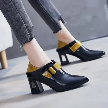 Осенняя мода, разноцветные туфли-лодочки с острым носком, женские туфли на высоком каблуке из лакированной кожи, женские банкетные туфли на квадратном каблуке, женские туфли