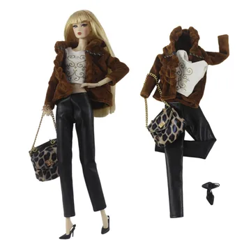 Официальный комплект NK, 1 Изысканная кукольная коричневая комбинация пальто: благородное пальто + топ + кожаные брюки + высокие каблуки + сумка для вечеринки с куклами Барби