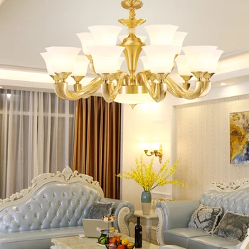 Полностью медная люстра для гостиной в европейском стиле, простая американская лампа для спальни, лампа для столовой, светодиодная лампа в винтажном стиле