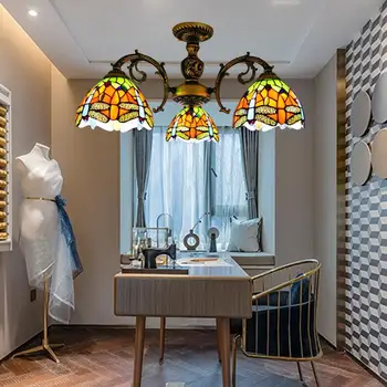 Потолочный светильник в стиле ретро, спальня, гостиная, Светодиодная потолочная люстра из стекла Тиффани, Стрекоза с несколькими головками, Подвесной светильник