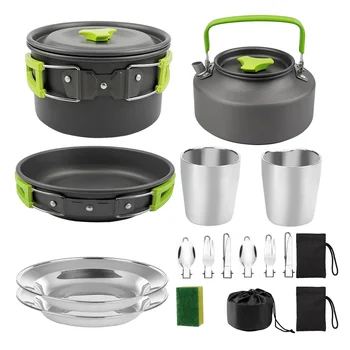 Походная посуда Портативный Горшок, сковорода, Чашка, набор для чая, Складной Набор для приготовления пищи на открытом воздухе, Походная посуда для пикника, Оборудование-Зеленый