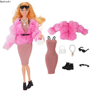 Розовое платье с мехом, Белое ожерелье, Сумка, Черный пояс, Солнцезащитные очки, Обувь, Наряды для куклы Барби, аксессуары для кукол 1/6, Одежда и игрушки