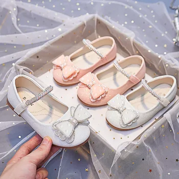 Розовые стеклянные туфельки с бантиками и стразами; обувь принцессы для девочек на свадьбу; Детская кожаная обувь; Обувь для детских танцев;