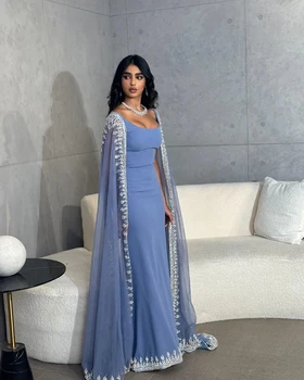 Роскошные вечерние платья Дубайской русалки кристально-голубого цвета с рукавами-накидками Элегантные арабские женские платья для свадебных вечеринок SZ445