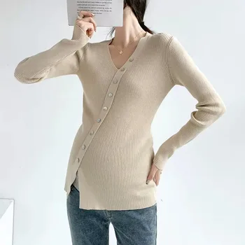 Свитер для беременных в корейском стиле, ранняя осень, Новый неправильный V-образный вырез, Уникальный универсальный внутренний свитер с высокой эластичностью, одежда для беременных