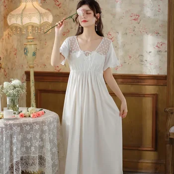 Сказочная пижама, пижама принцессы, Женский летний кружевной сексуальный пеньюар с коротким рукавом, Викторианская ночная рубашка, Хлопковое длинное ночное платье