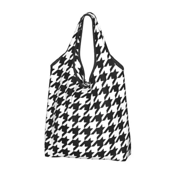 Современная черно-белая сумка для покупок в стиле Хаундстут, кавайные классические геометрические сумки для покупок через плечо, сумки большой вместимости