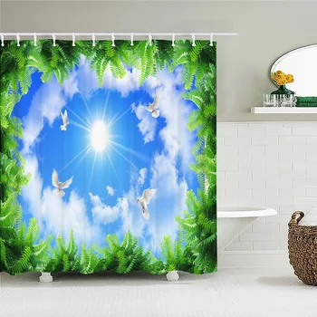 Солнечное Голубое небо Лесные деревья Голуби пейзаж 3D печать Занавеска для душа с крючками Водонепроницаемая ткань Домашние занавески для ванной 180x180