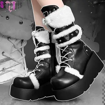 Теплые Зимние женские ботинки до середины Икры Из искусственного меха, Милые ботинки на платформе и танкетке На высоком каблуке, Милая Черная обувь для девочек в стиле 
