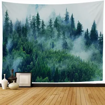 Туманный горный лесной гобелен Misty Forest Nature Woodland Эстетический гобелен, висящий на стене, для оформления спальни, гостиной, общежития
