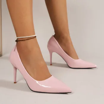 Туфли-лодочки на высоком каблуке из искусственной кожи, горячая распродажа 2024 года, Женская обувь на тонком каблуке с острым носком для офиса и карьеры, весенне-осенние однотонные туфли-лодочки