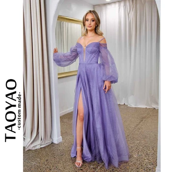 Фиолетовые свадебные платья трапециевидной формы, платья с открытыми плечами, элегантные и красивые женские платья с разрезом по бокам, Vestidos Para Mujer