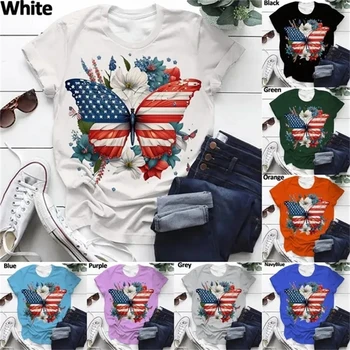 Футболка с 3D-принтом американского флага, Женские топы с коротким рукавом, Летняя свежая повседневная футболка, Футболки с рисунком бабочки, дышащие футболки
