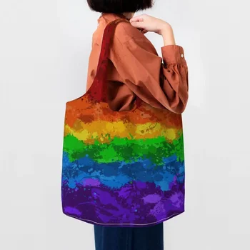 Холщовые сумки для покупок с флагом ЛГБТ-радуги с брызгами краски, прочные сумки для покупок большой емкости GLBT, сумки для покупок Gay Lesbian Pride