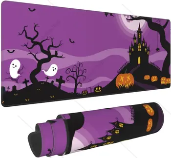 Хэллоуин Тыквы Темный Замок Фиолетовый Большой Игровой Коврик Для Мыши с Нескользящим XL Милый Забавный Большой Настольный Коврик Для Мыши 31,5 * 11,8 дюйма