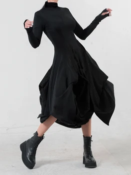 Элегантное женское платье размера плюс с длинным рукавом трапециевидной формы, Асимметричное плиссированное Однотонное осеннее повседневное платье-стойка с воротником, модное женское платье миди